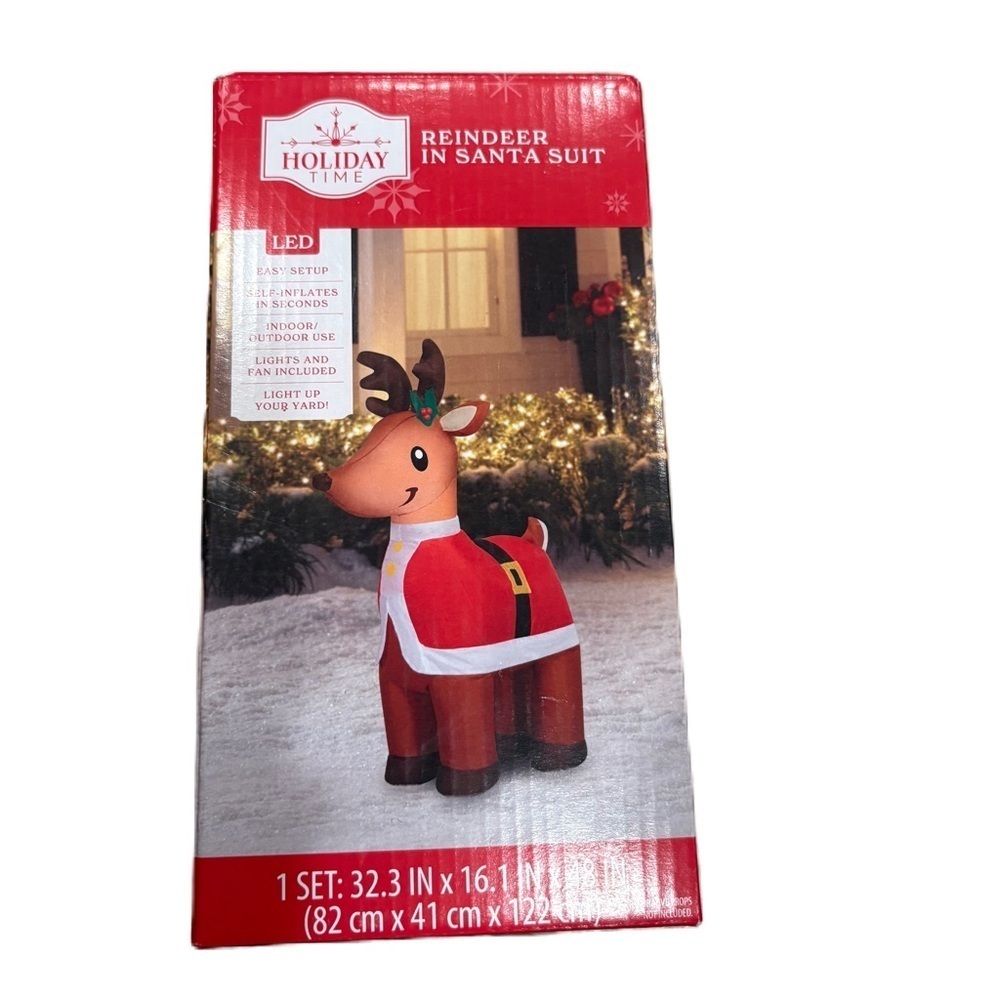 Holiday Time Red White Reindeer in Santa Suit NEW Inflatable Blow Up Christmas